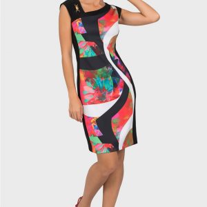 Joseph Ribkoff - Robe Imprimée - Sans Manches - Multicolore * Noir/Blanc/corail/Vert -191721