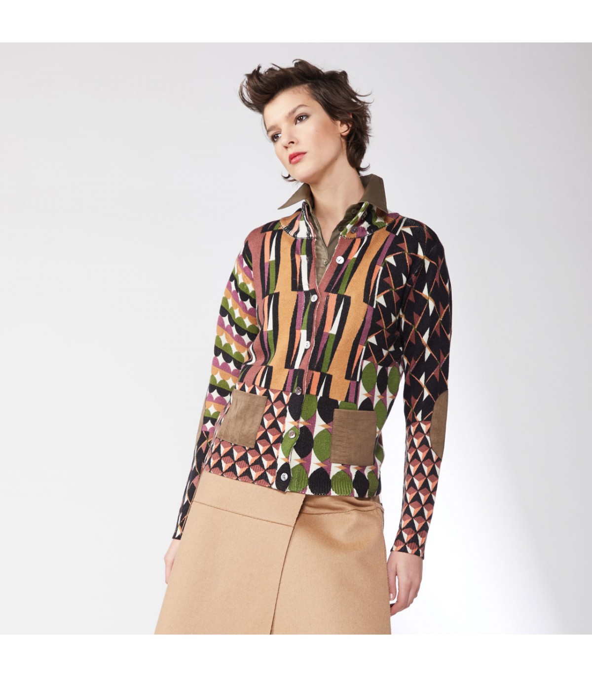 Jei's - Veste - Pure Laine Mérinos Extra Fine * Noir/Vert/Caramel/Ecru - P143
