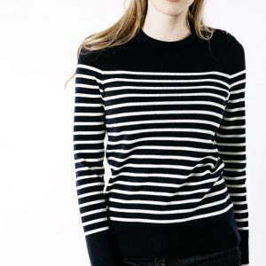 Saint James -  Pull marin rayé pure laine, coudières unies * BREGANÇON  Navy/Ecume - 3250 KH