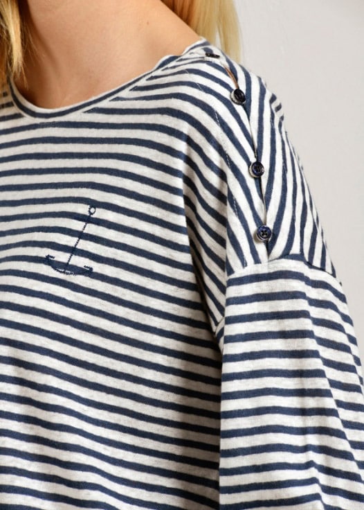 Marinière lin broderie ancre Rayé ardoise